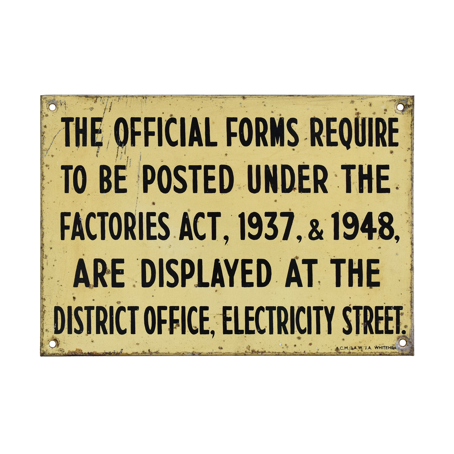 Vintage Tinplate UK Factories Act Sign