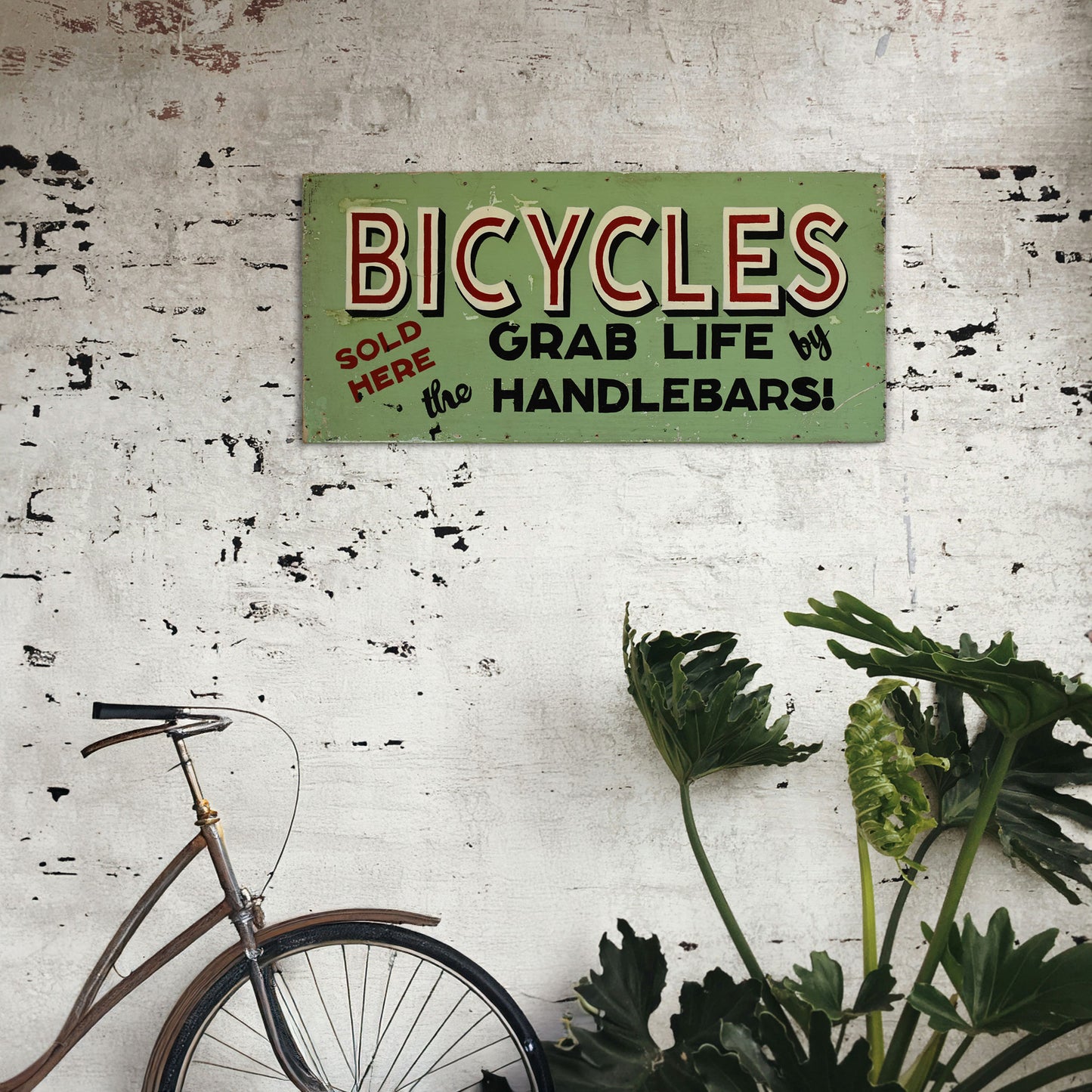 Vintage Painted Wooden Advertising Sign: Bicycles