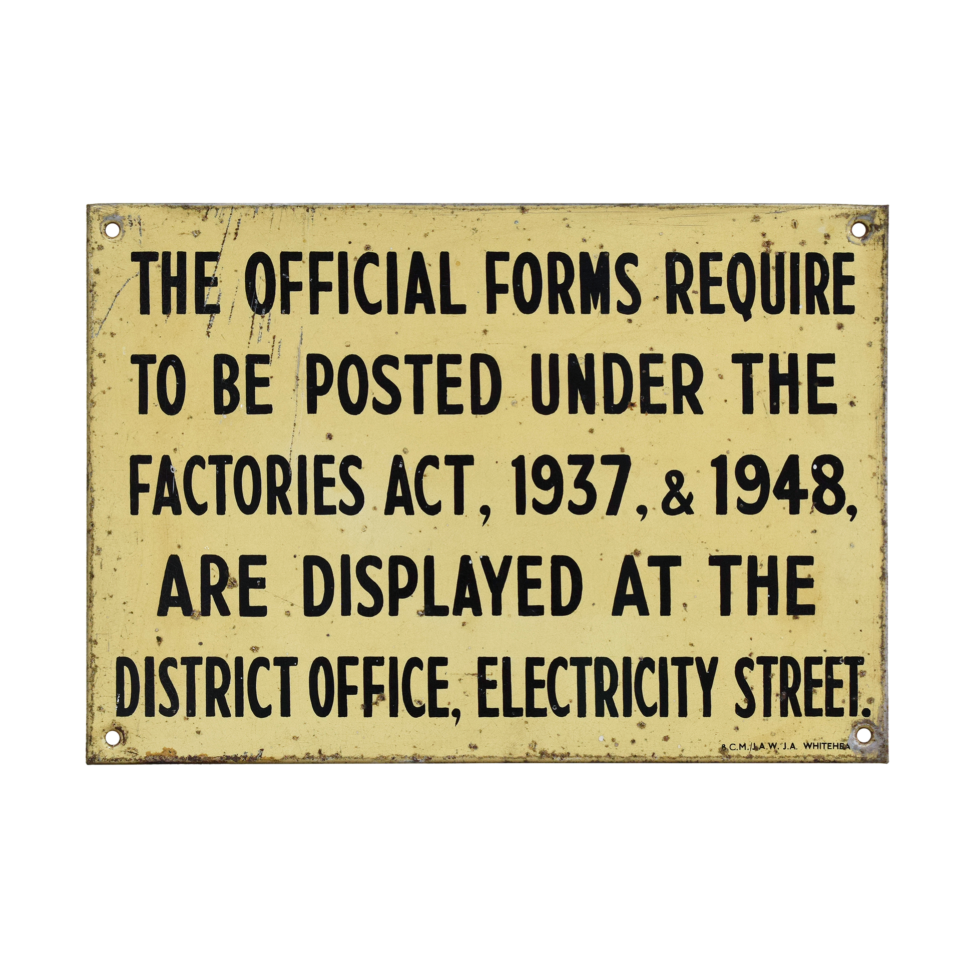 Vintage Tinplate UK Factories Act Sign