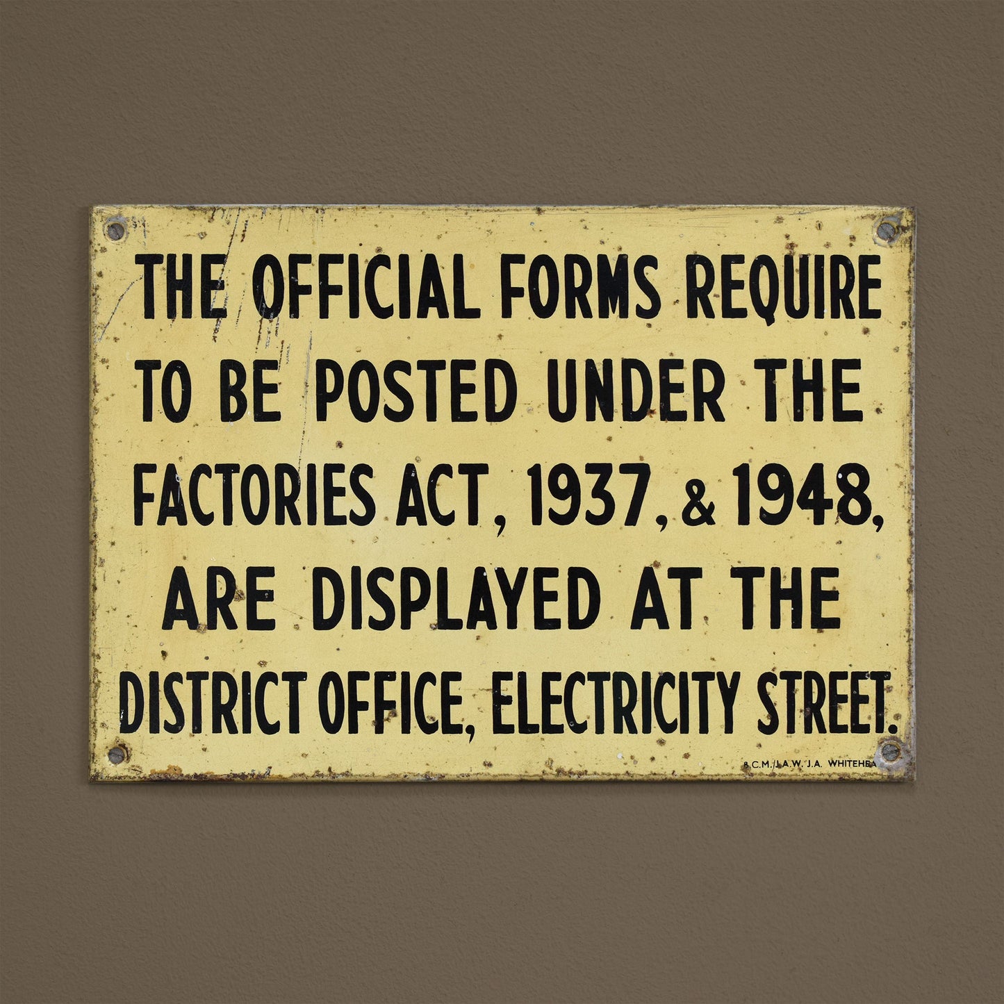 Vintage Tinplate UK Factories Act Sign