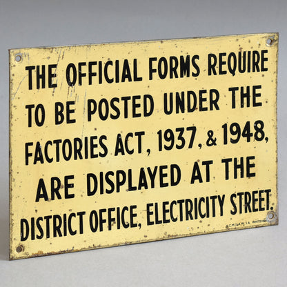 Mid-1900s Tinplate Factories Act Sign